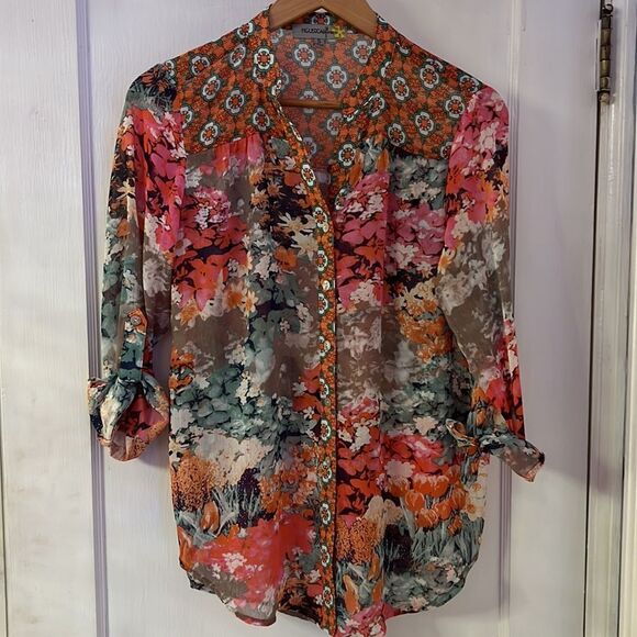 Figuerca & Flower Sheer Multi Print Blouse Womens Size Small - Picture 7 of 8